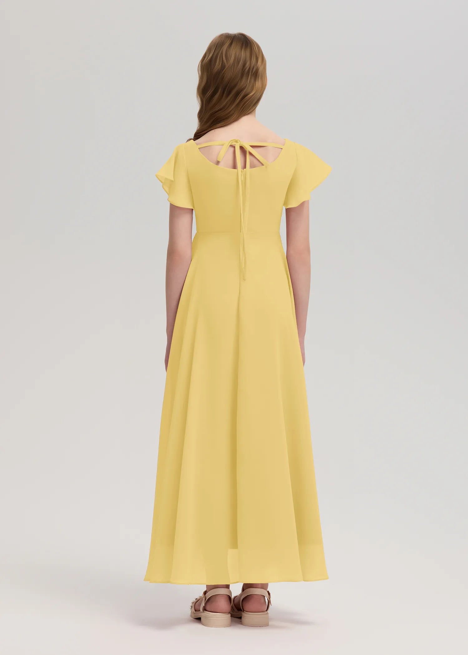 Square Neck Flutter Sleeve Chiffon Dress -[Yellow]