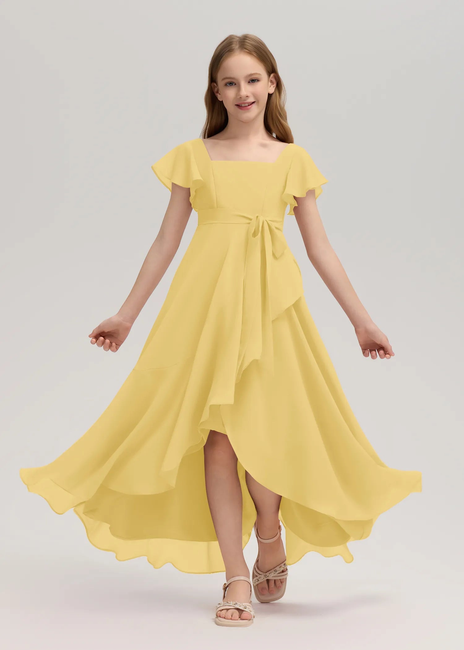 Square Neck Flutter Sleeve Chiffon Dress -[Yellow]