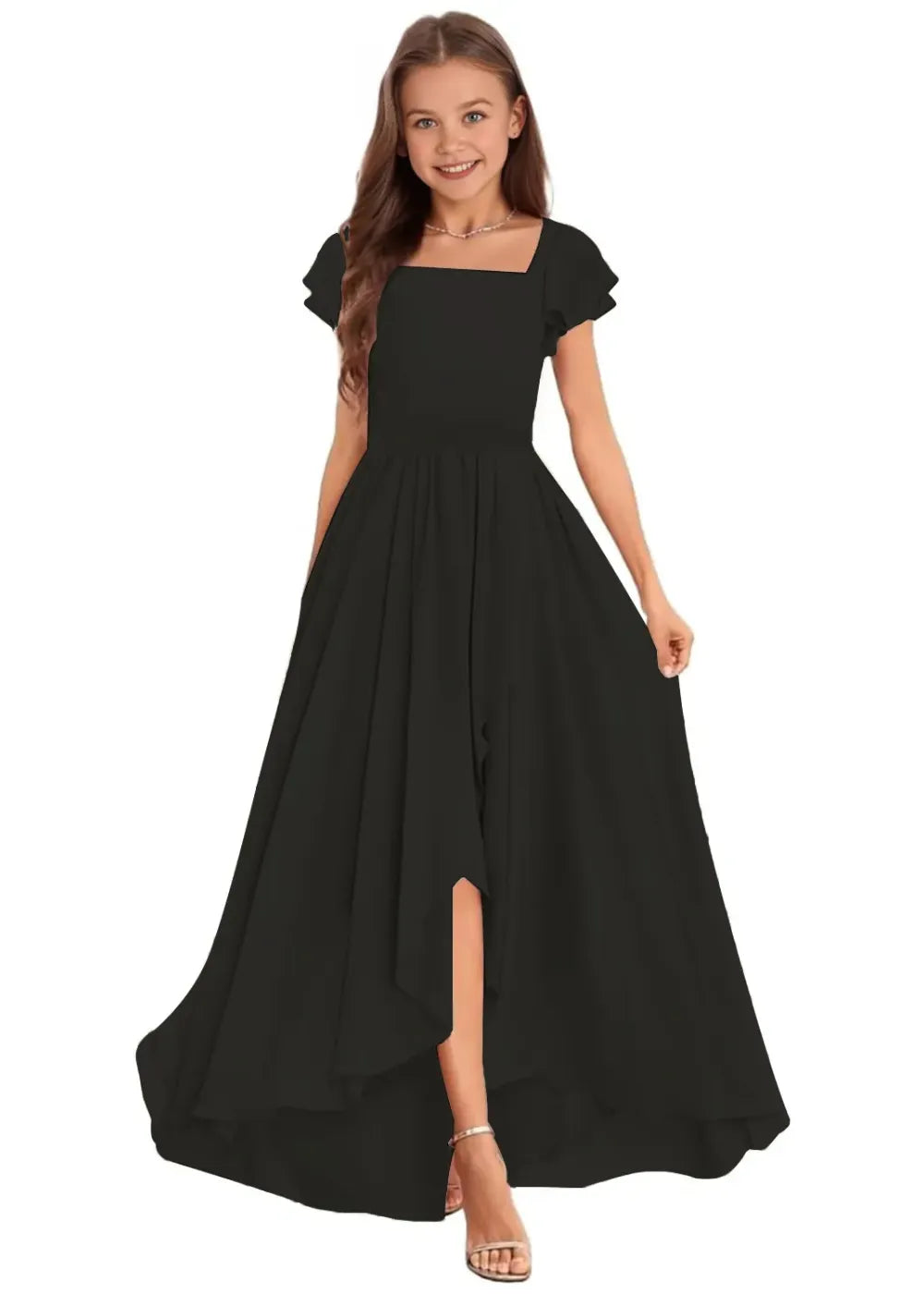 Elegant Square Neck Chiffon Maxi Dress