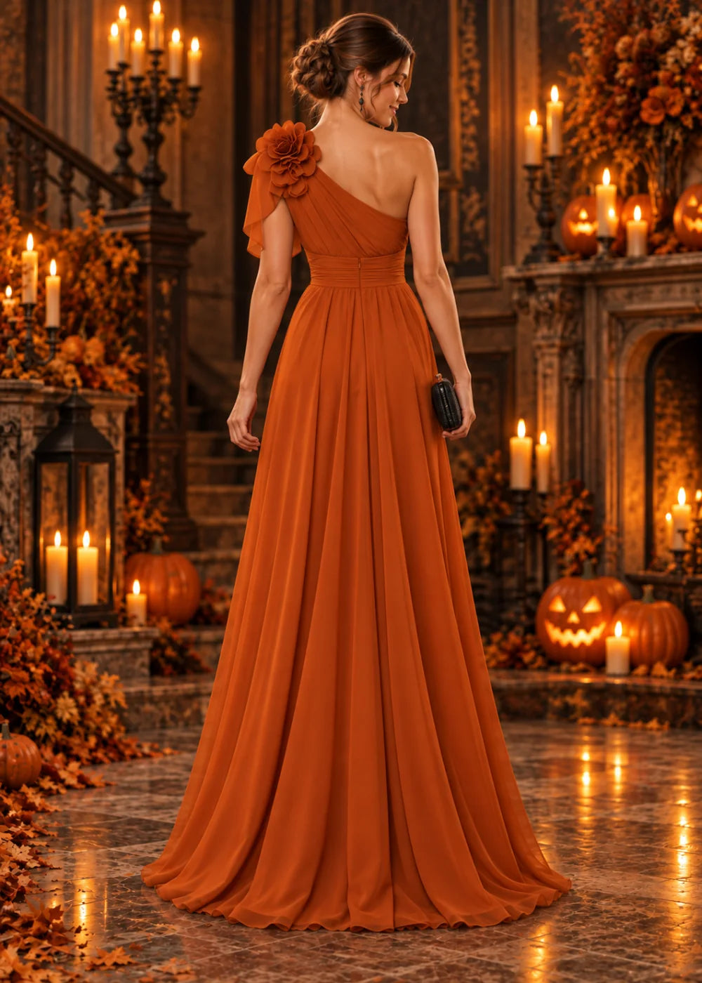 Back view showing the diagonal shoulder line, shoulder flower and gathered waistband above the orange skirt.