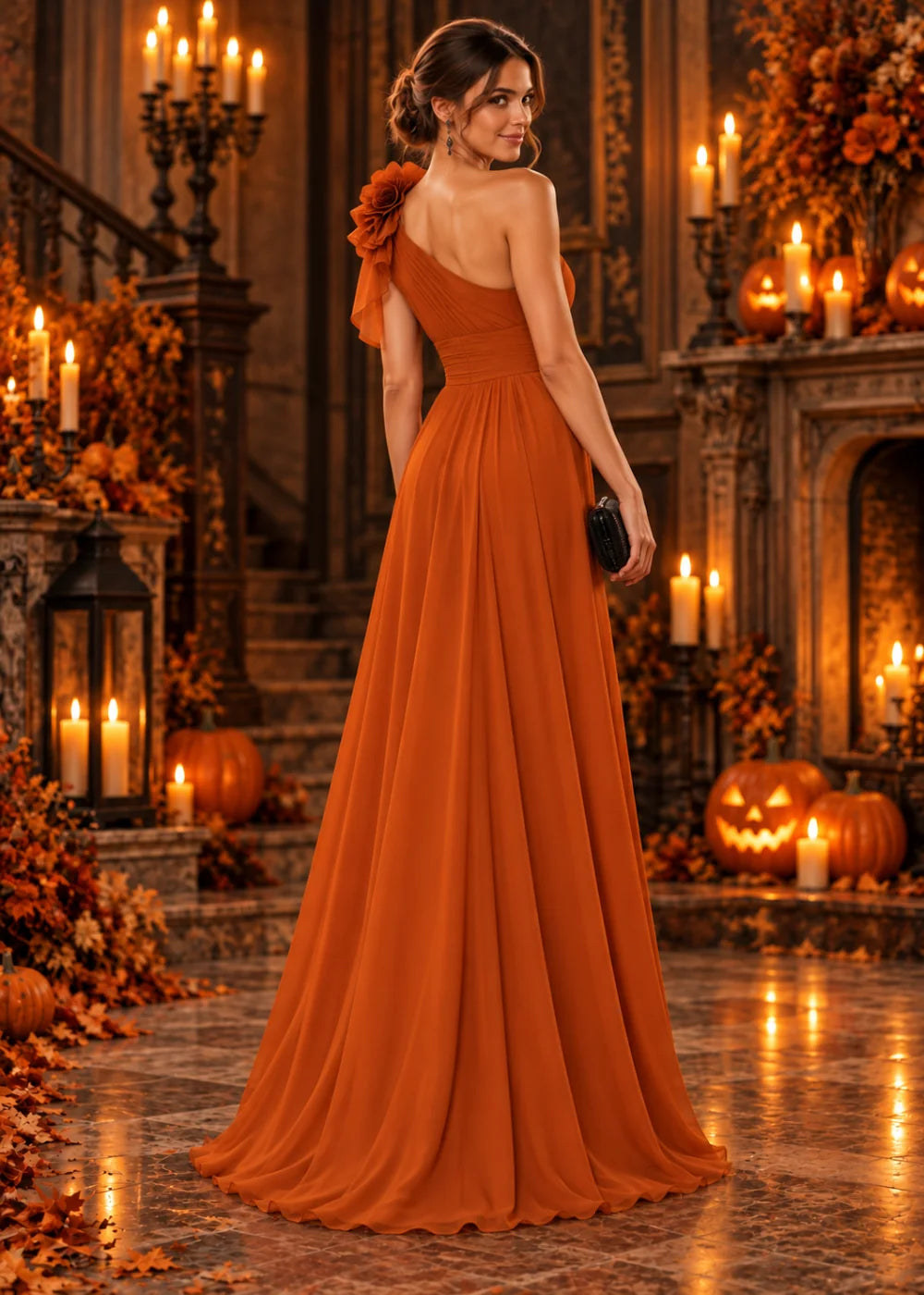 Three-quarter back view highlighting the asymmetric neckline and broad ruched waistband.