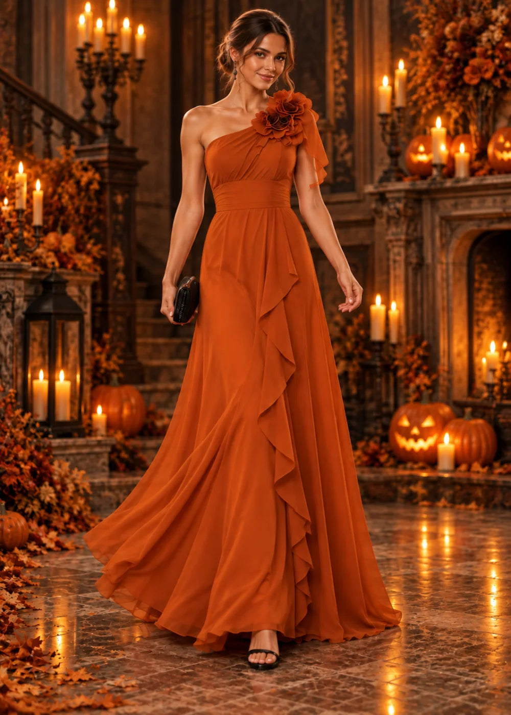 Front view of the orange gown with its cascading ruffle shown in motion.