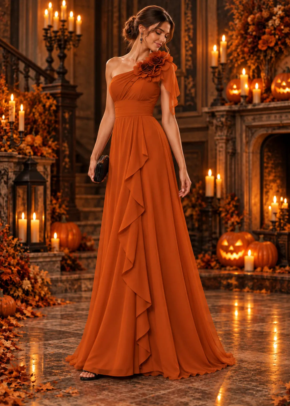 Front view of the orange one-shoulder gown with floral shoulder detail, sheer drape, gathered waist and floor-length skirt.