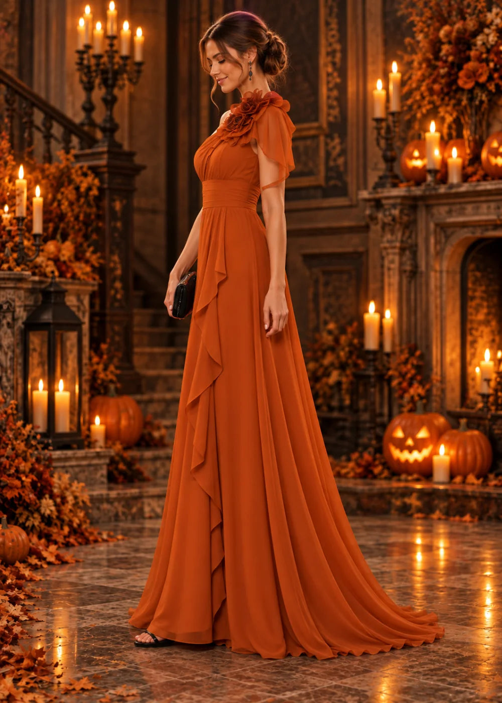 Side-front view showing the orange gown’s flowered shoulder, gathered bodice and waterfall ruffle.