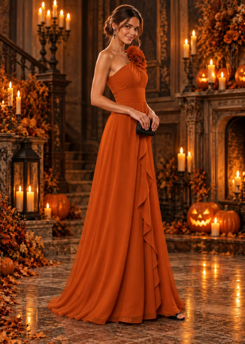 Three-quarter front view of an orange floor-length gown with an asymmetrical one-shoulder neckline, shoulder flowers and cascading ruffle.