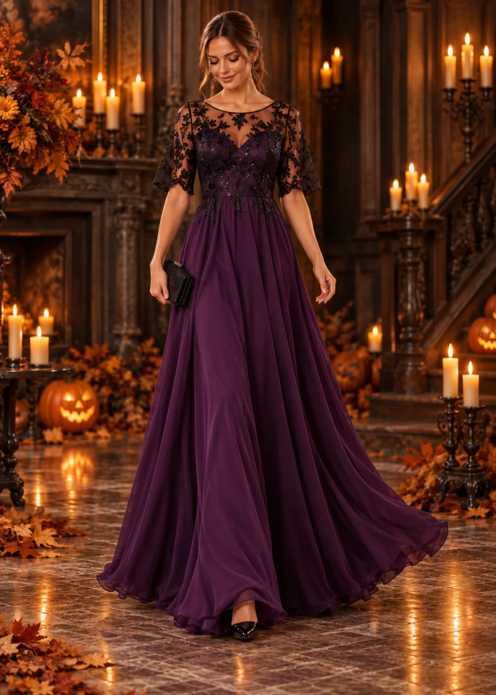 Front view of the purple gown as its full skirt moves, with the black lace bodice and flutter sleeves visible.