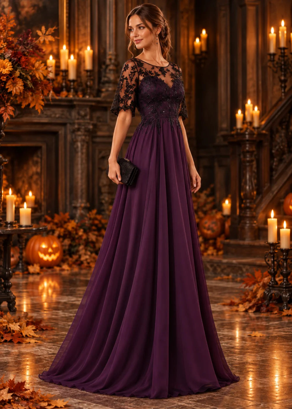Three-quarter front view highlighting black floral lace across the purple bodice and flutter sleeves.