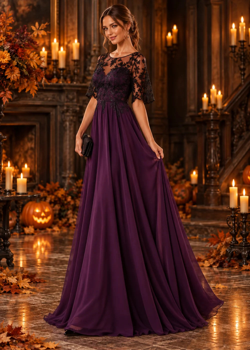 Three-quarter front view of a purple floor-length gown with black lace sleeves and a skirt held out to show its gathered shape.
