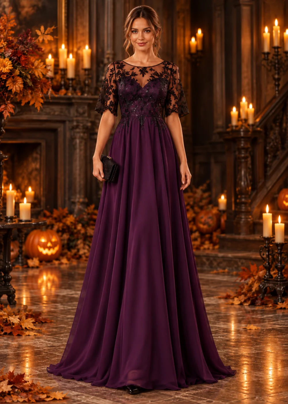 Front view of a purple floor-length gown with a black floral-lace illusion neckline, elbow-length flutter sleeves and lace details tapering below the waist.