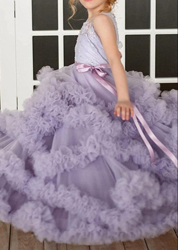 Lace Puffy Pleated Tulle Pageant Princess Gown