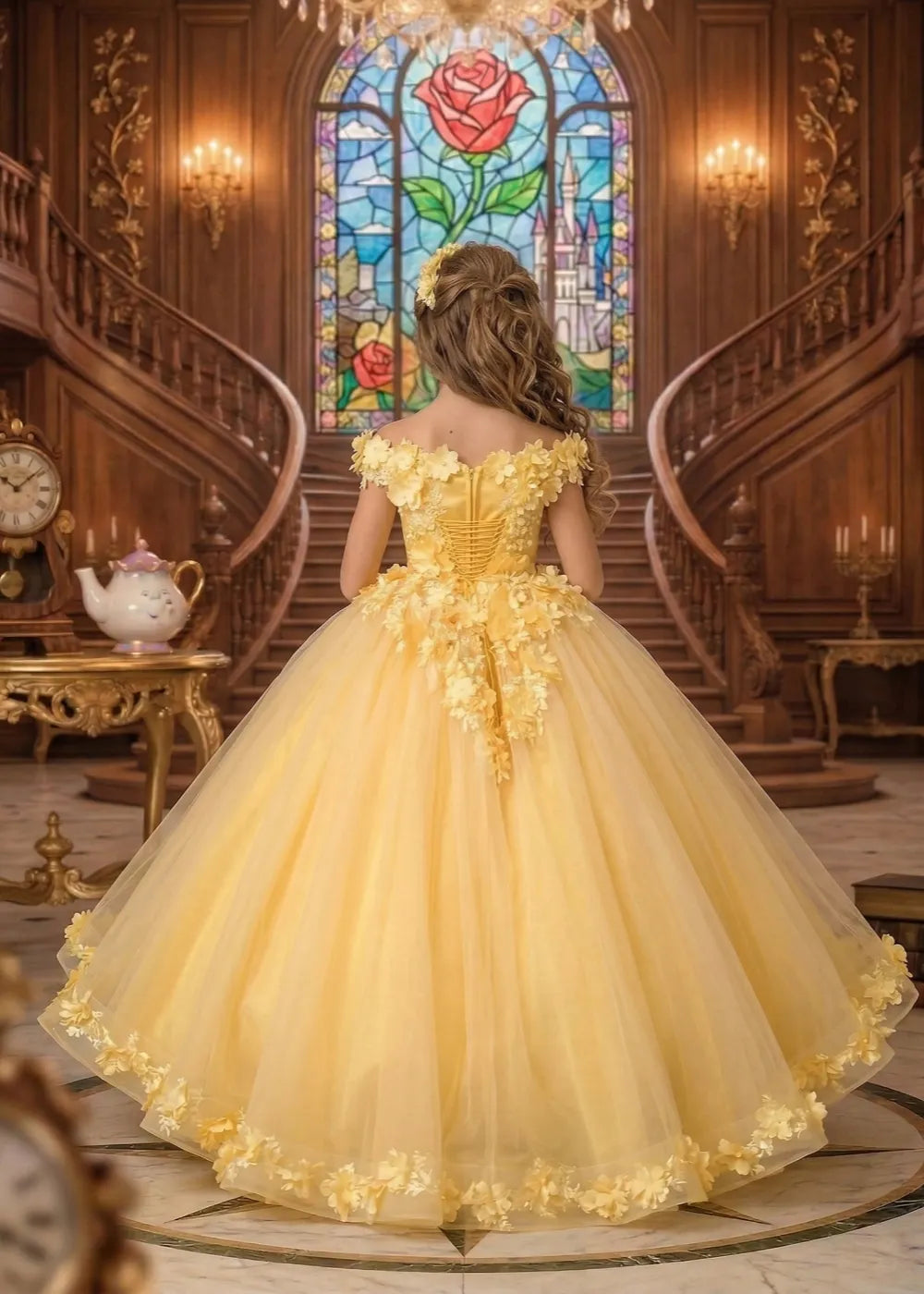 チュールとレースの花をあしらったフォーマルプリンセスドレス