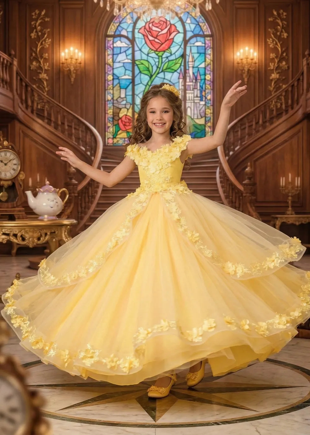 チュールとレースの花をあしらったフォーマルプリンセスドレス