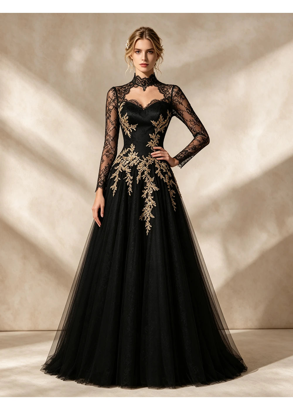 Front view of the black gold applique gown with the same bridal silhouette
