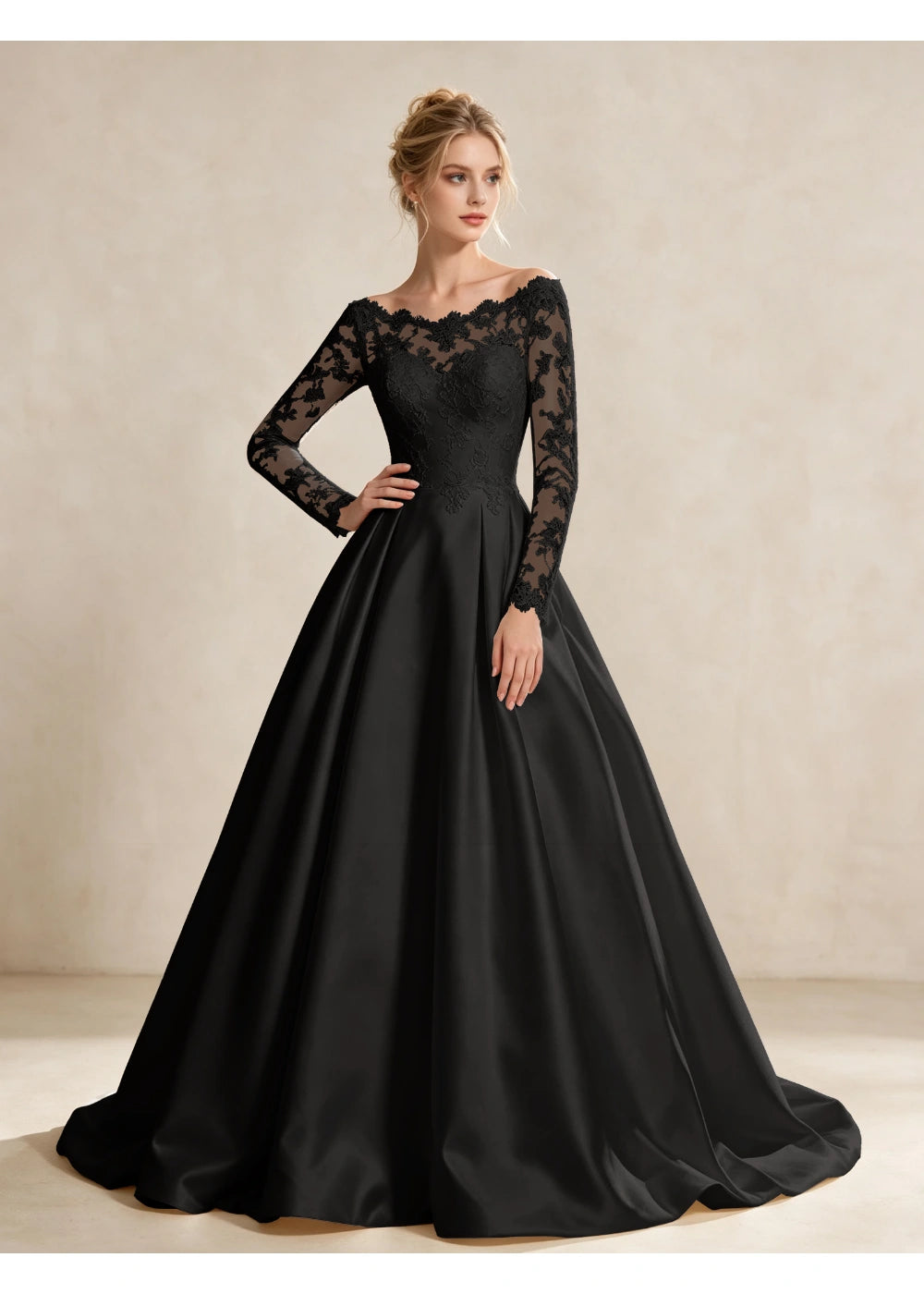 Front view of the black illusion lace satin gown with the same bridal silhouette