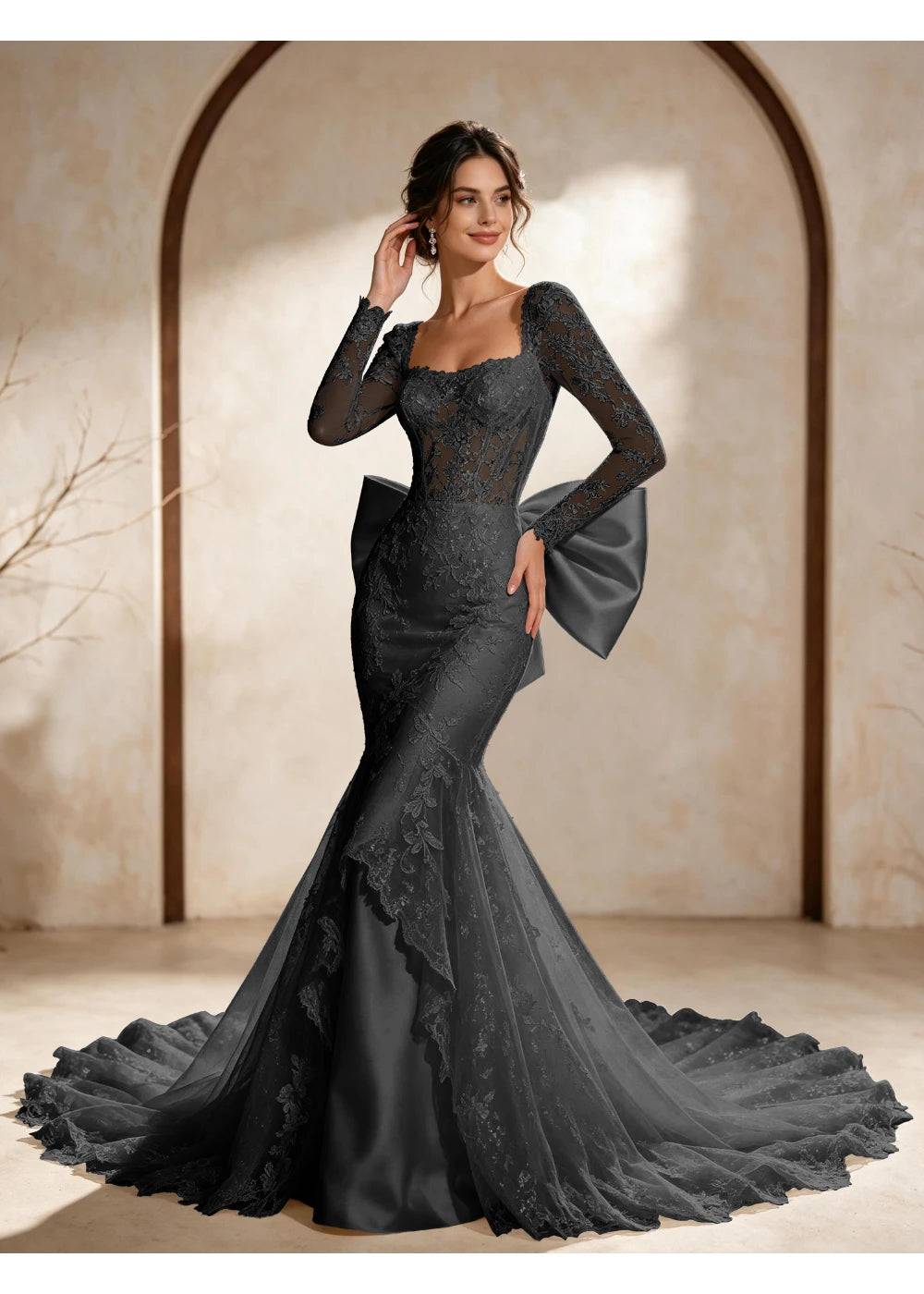 Front view of the black square neck back bow gown with the same bridal silhouette