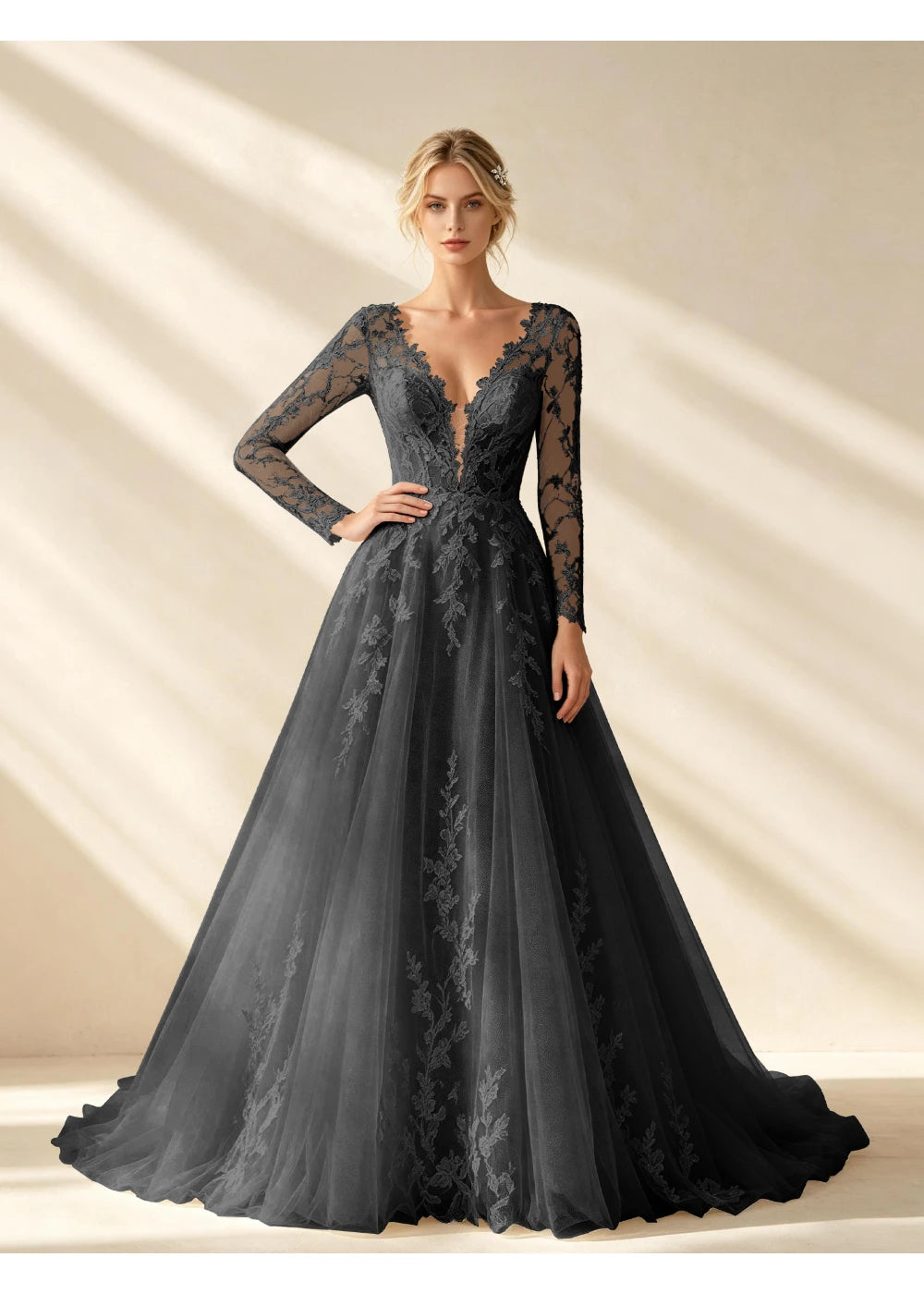 Front view of the black v neck lace a line gown with the same bridal silhouette