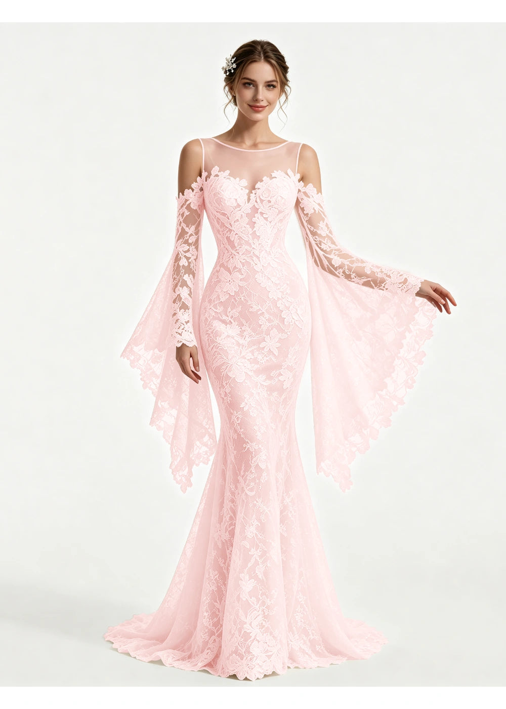 Front view of the blush pink lace cape sleeves gown with the same bridal silhouette