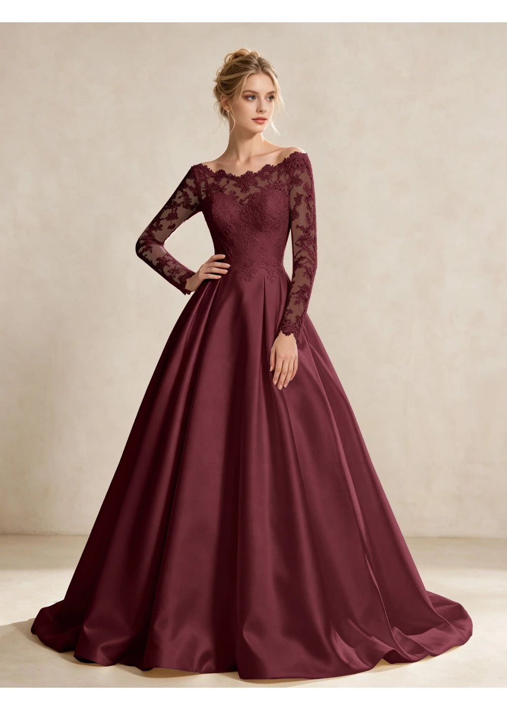 Front view of the burgundy illusion lace satin gown with the same bridal silhouette