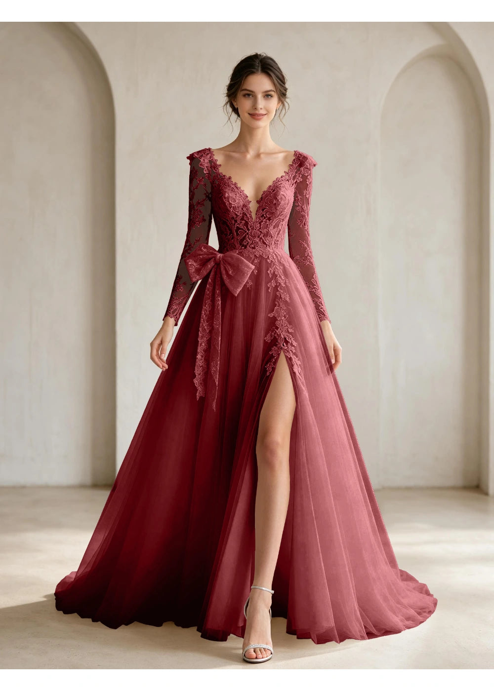 Front view of the burgundy lace front bow slit gown with the same bridal silhouette