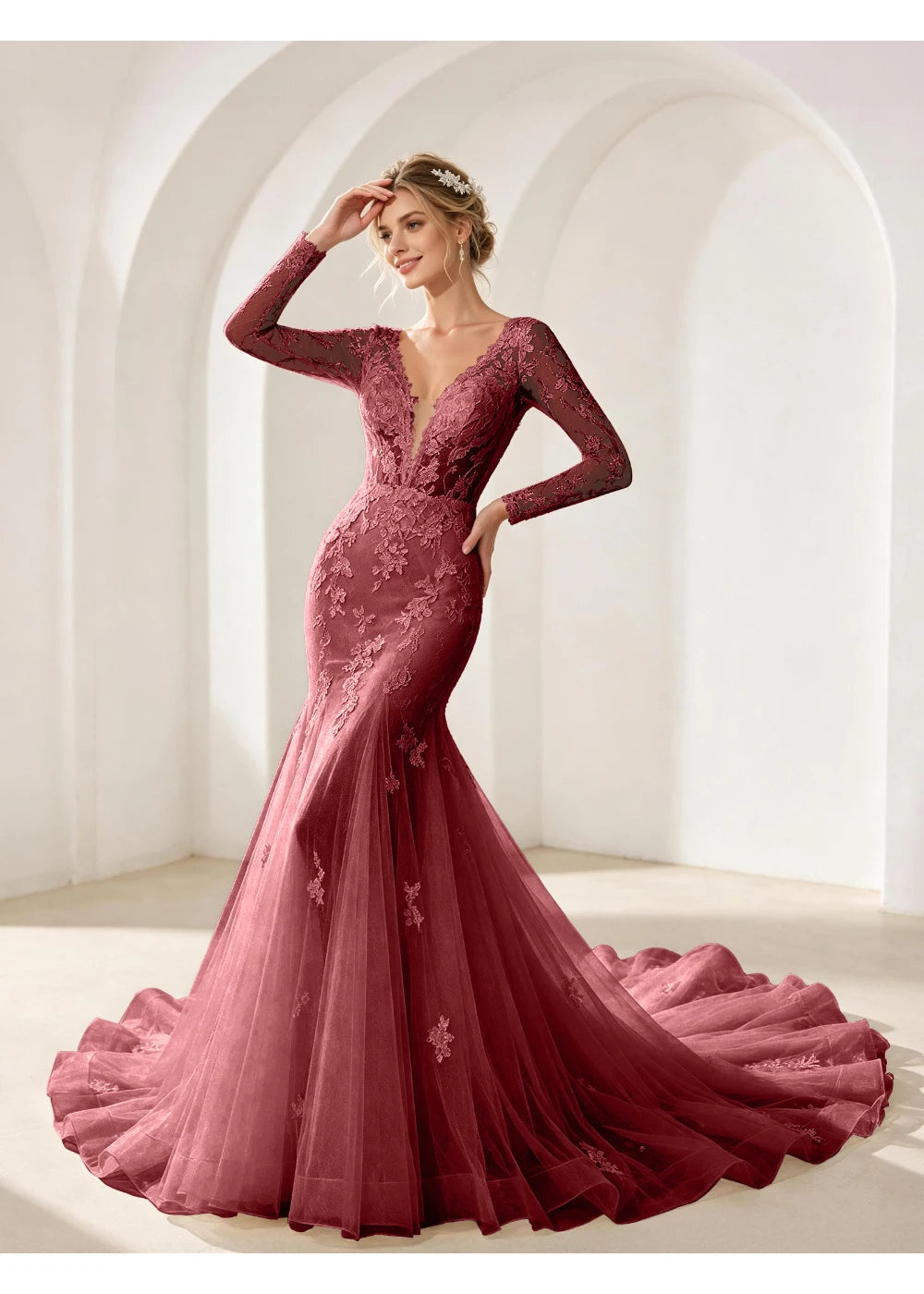 Front view of the burgundy mermaid lace train gown with the same bridal silhouette