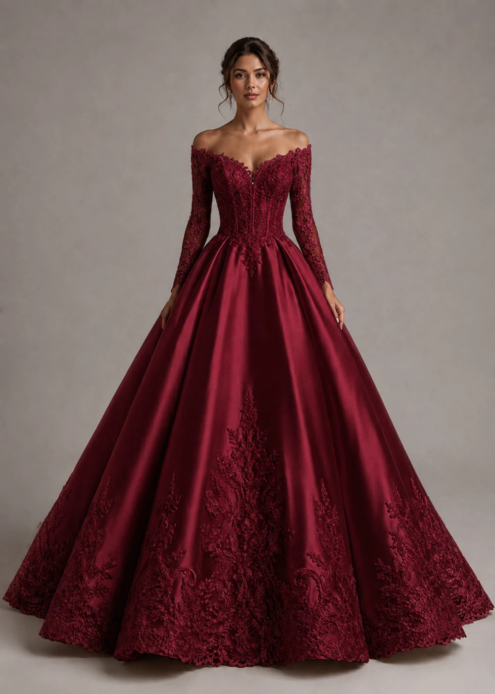 Front view of the burgundy off-the-shoulder ball gown with long floral-lace sleeves and a full skirt