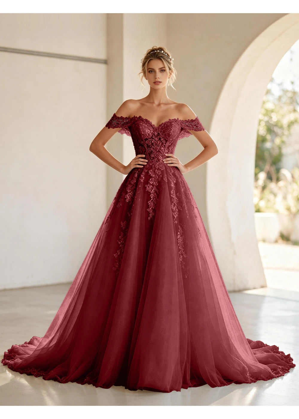 Front view of the burgundy off shoulder lace tulle gown with the same bridal silhouette