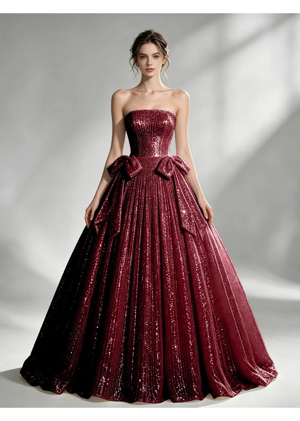 Front view of the burgundy sequin twin bow gown with the same bridal silhouette