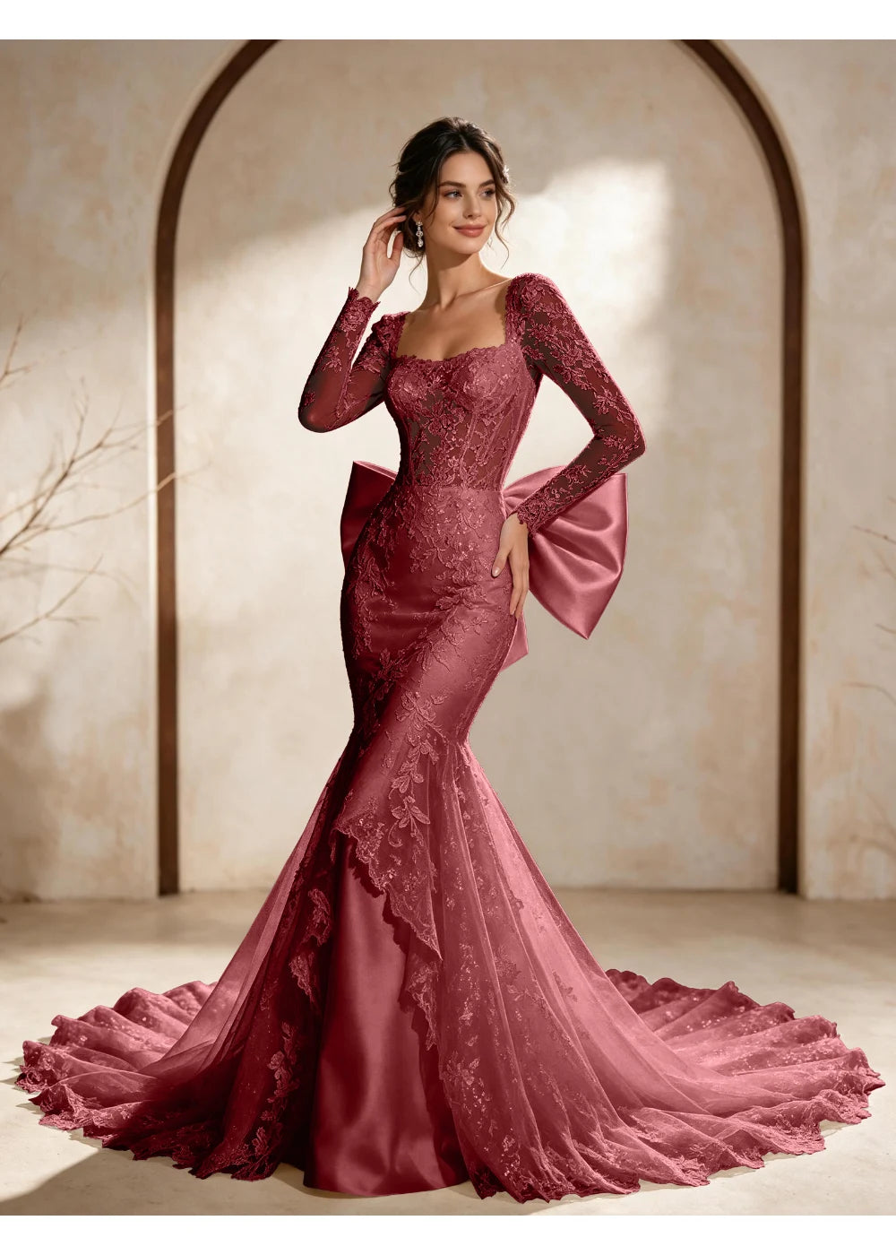 Front view of the burgundy square neck back bow gown with the same bridal silhouette
