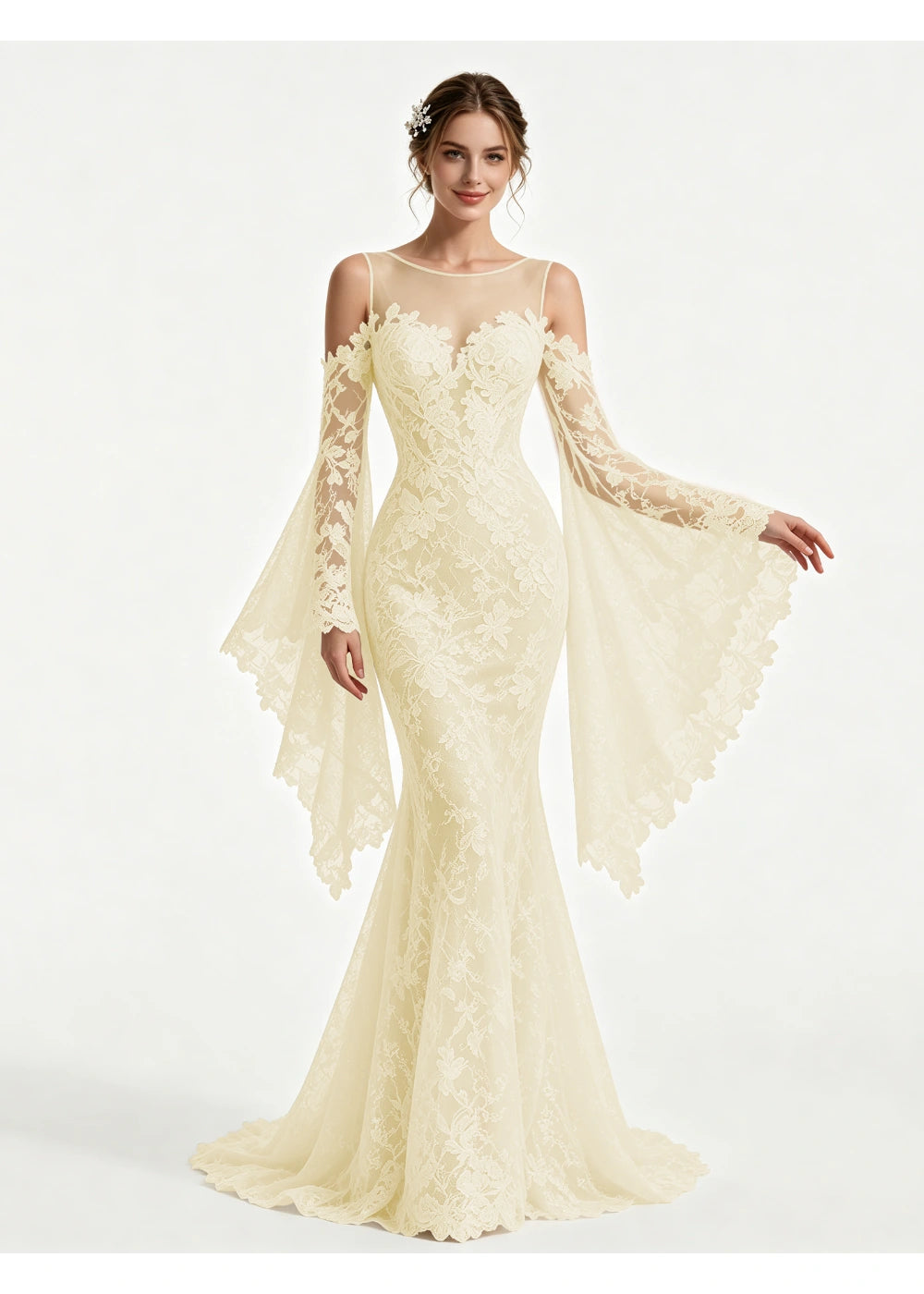 Front view of the champagne lace cape sleeves gown with the same bridal silhouette
