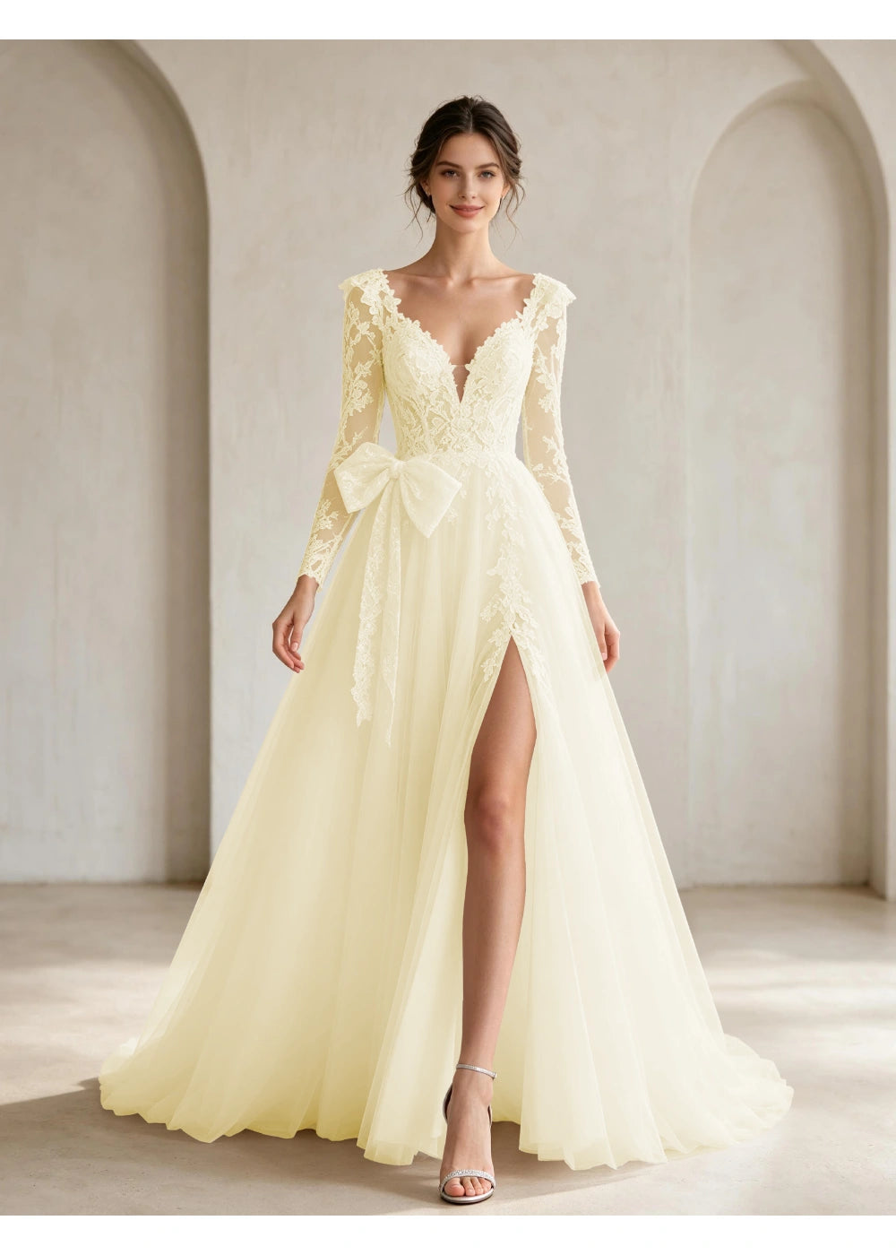 Front view of the champagne lace front bow slit gown with the same bridal silhouette