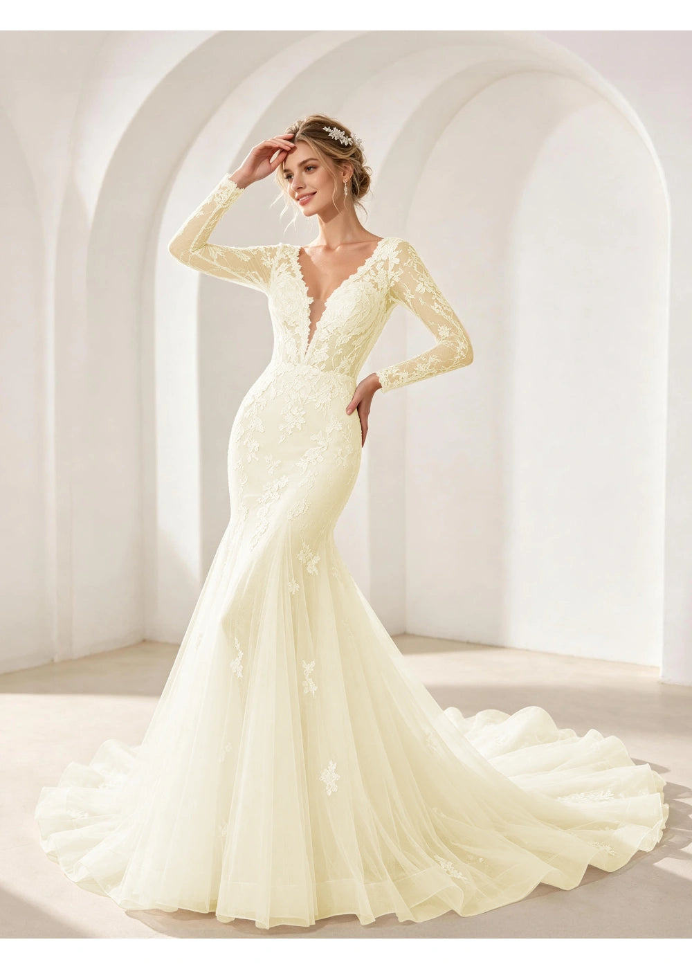 Front view of the champagne mermaid lace train gown with the same bridal silhouette