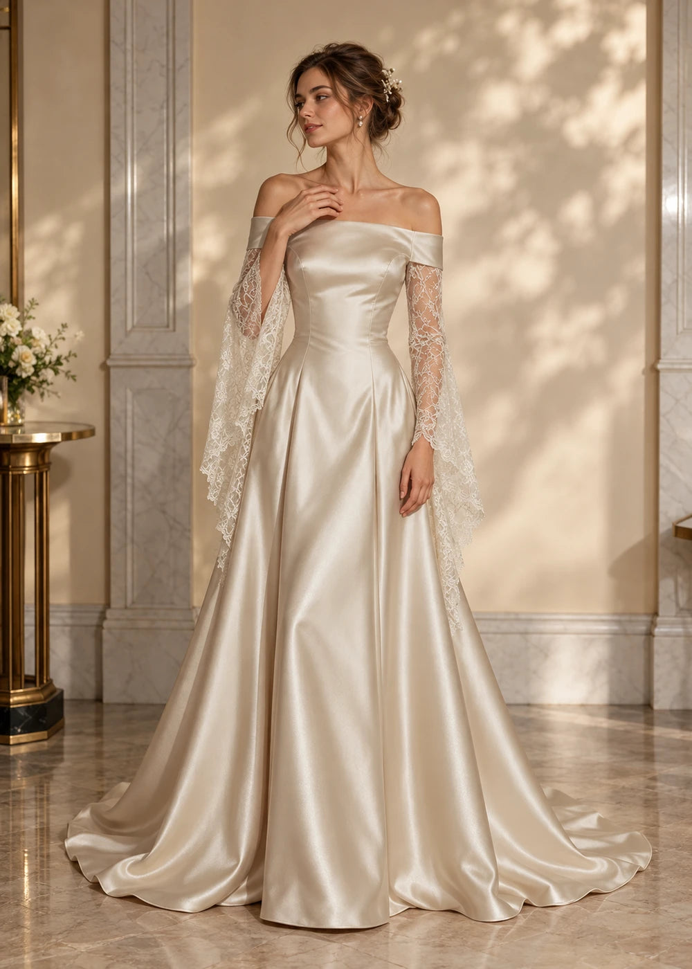 Ivory Off-Shoulder Satin Wedding Dress with Draped Lace Sleeves