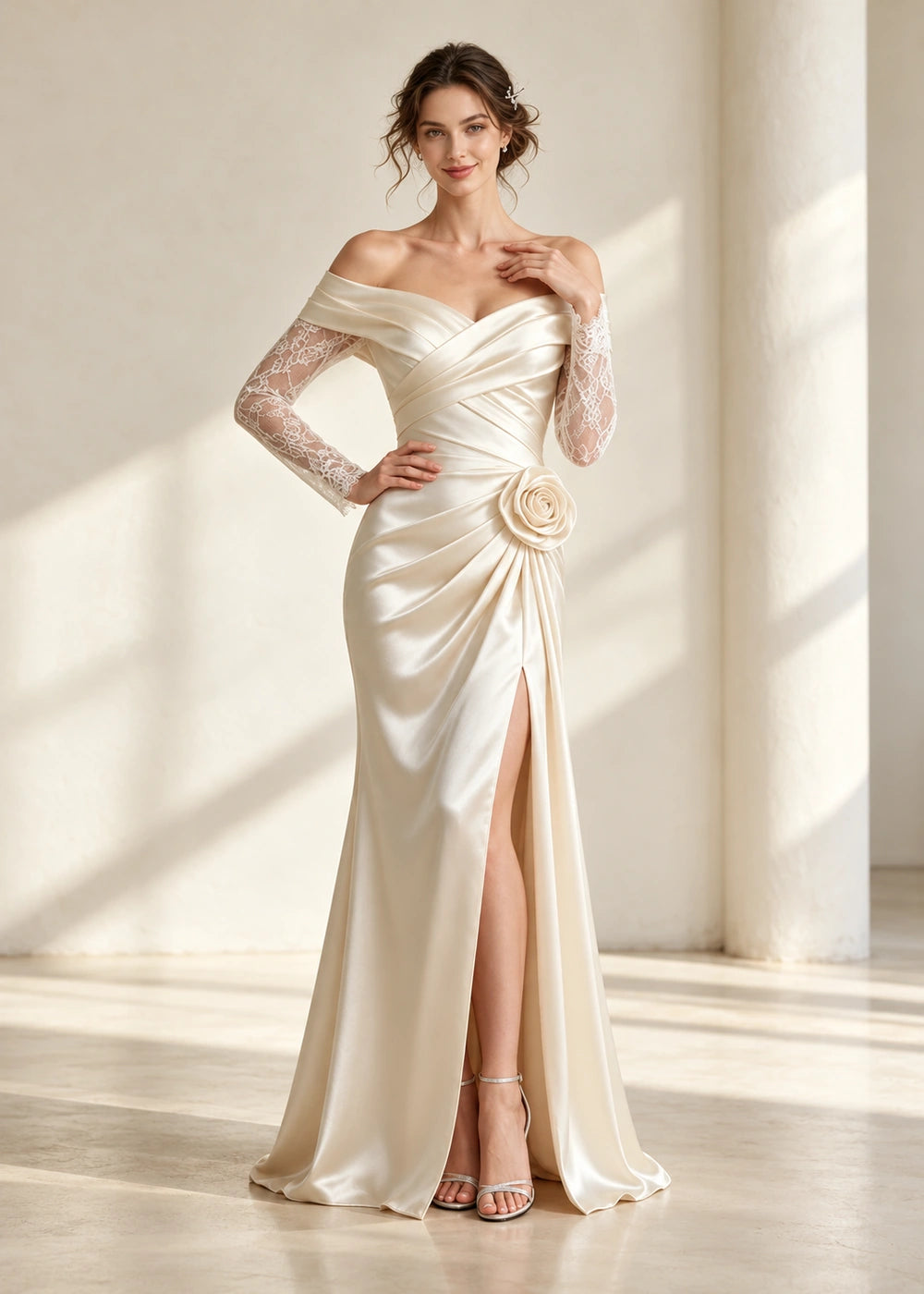 Ivory Off-Shoulder Satin Wedding Dress with Hip Rosette and Slit