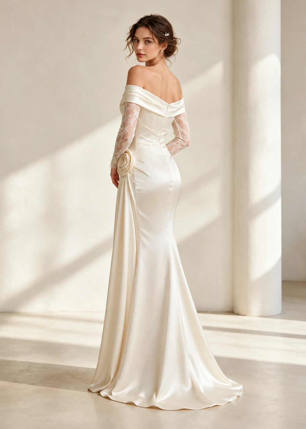 Ivory Off-Shoulder Satin Wedding Dress with Hip Rosette and Slit