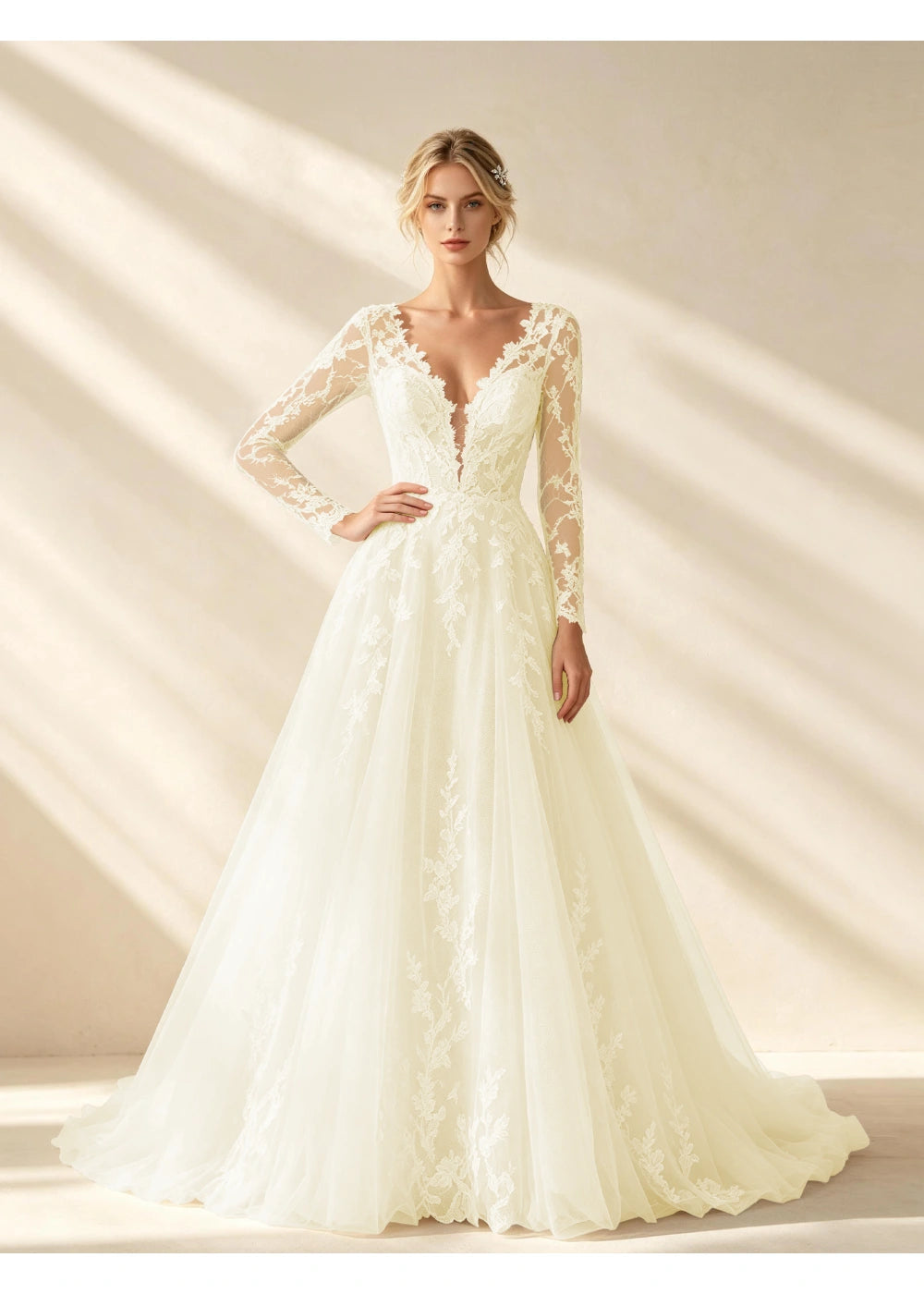 Front view of the champagne v neck lace a line gown with the same bridal silhouette