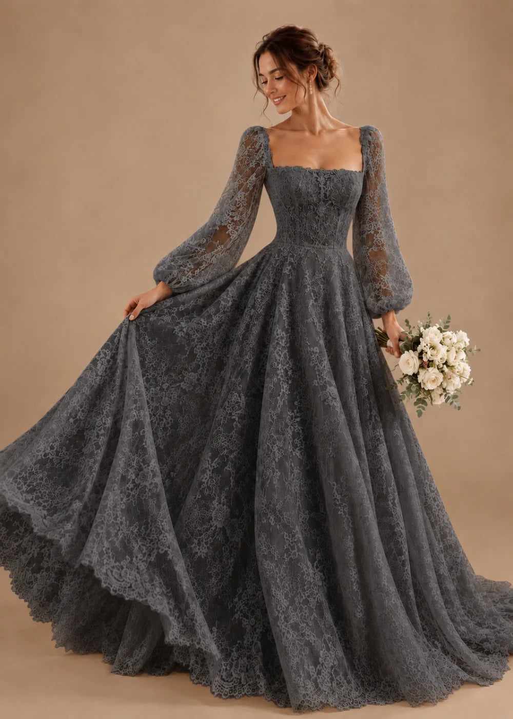 Front view of the charcoal gray square-neck A-line gown with all-over floral lace and long bishop sleeves