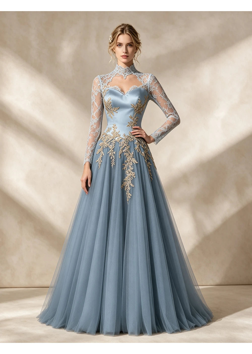 Front view of the dusty blue gold applique gown with the same bridal silhouette