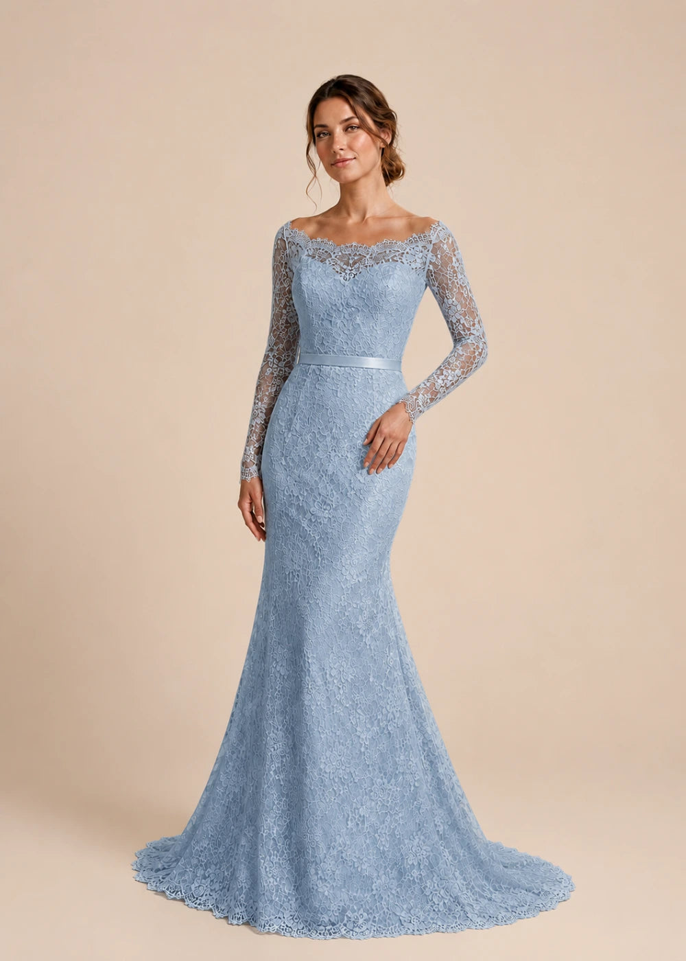 Front view of the dusty blue illusion-neck mermaid gown with long floral-lace sleeves and a flared train