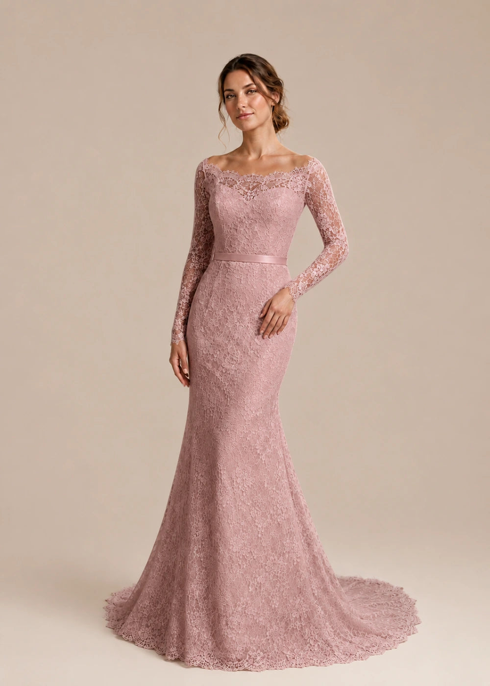 Front view of the dusty rose illusion-neck mermaid gown with long floral-lace sleeves and a flared train