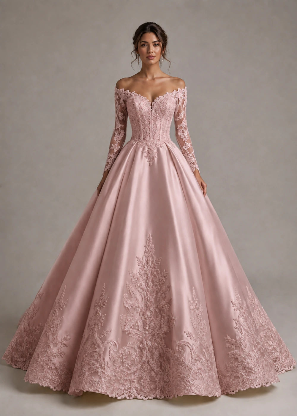 Front view of the dusty rose off-the-shoulder ball gown with long floral-lace sleeves and a full skirt
