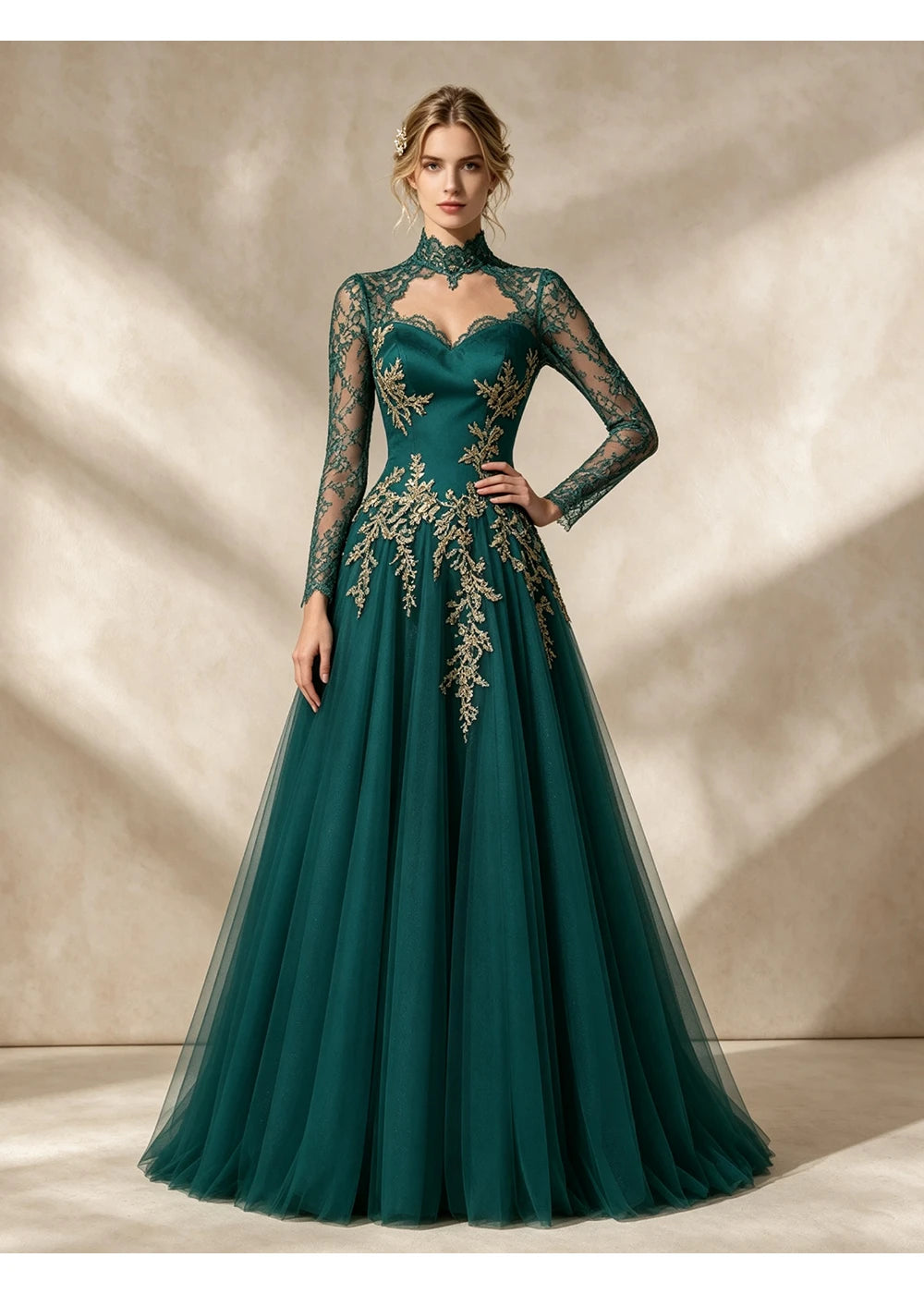 Front view of the emerald green gold applique gown with the same bridal silhouette