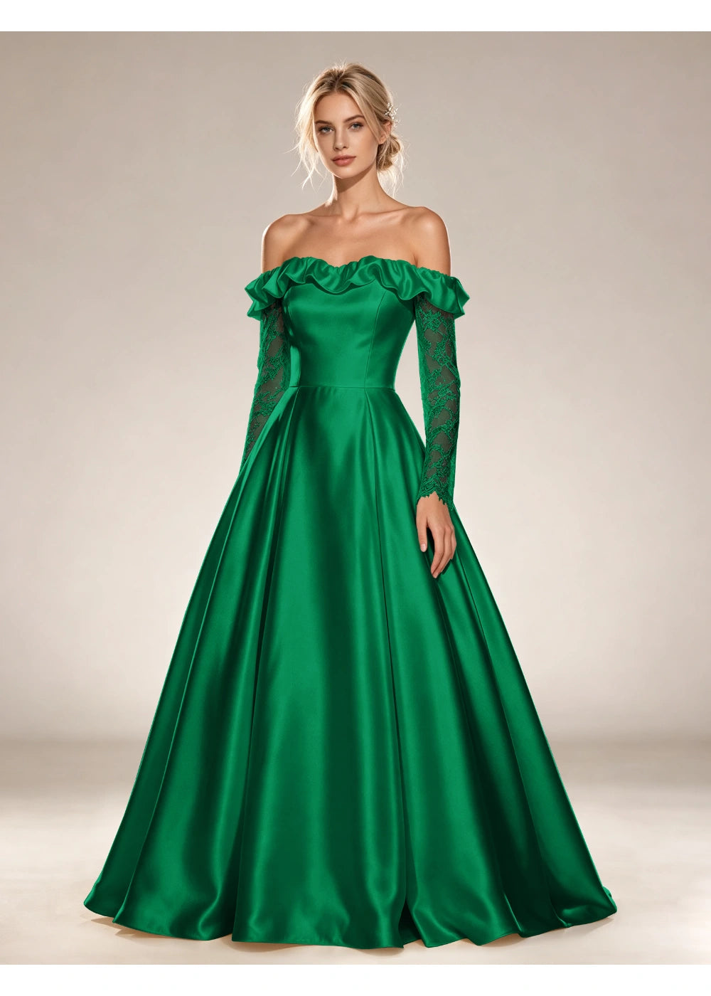 Front view of the emerald green ruffled off shoulder gown with the same bridal silhouette