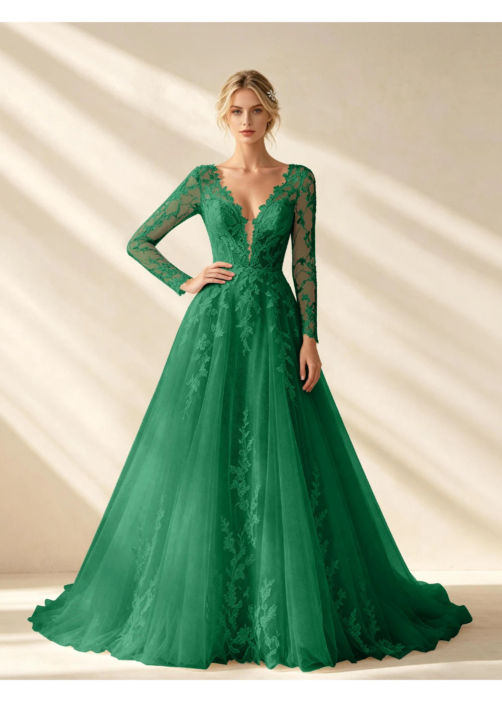 Front view of the emerald green v neck lace a line gown with the same bridal silhouette