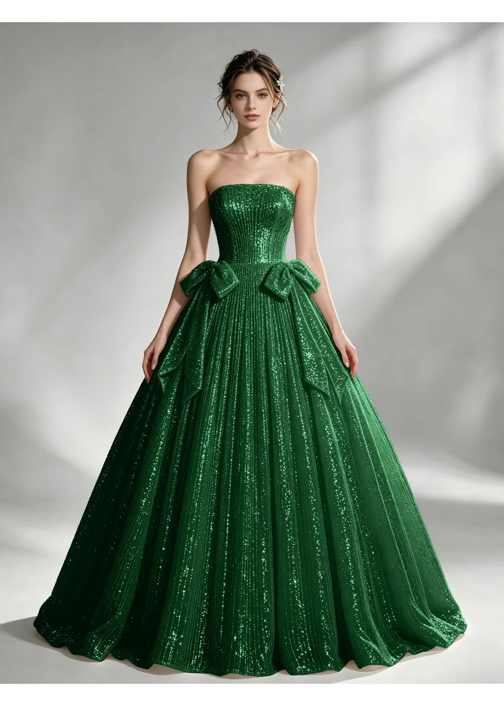 Front view of the hunter green sequin twin bow gown with the same bridal silhouette