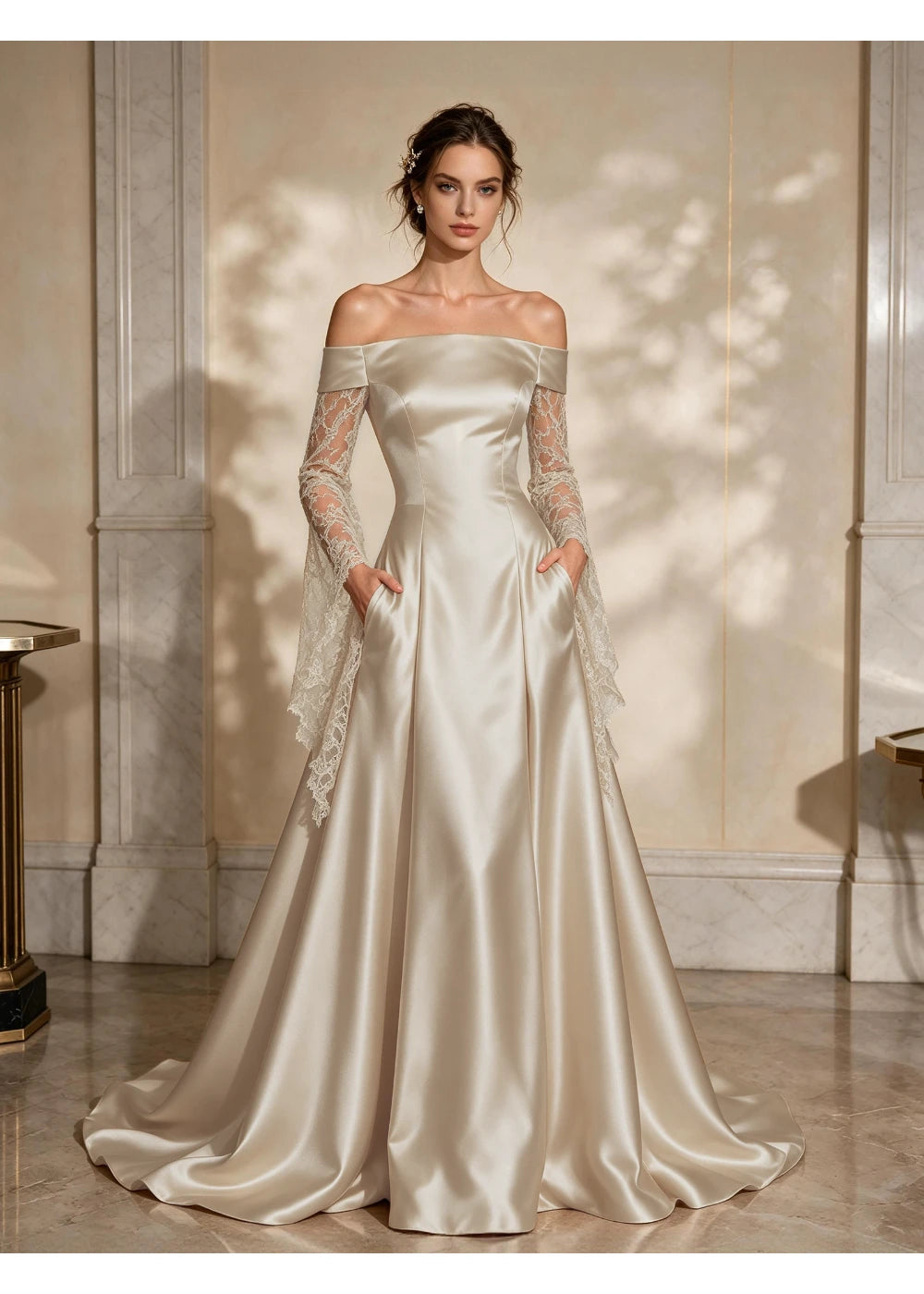 Front view of an ivory satin A-line gown with a folded off-shoulder band and draped lace sleeve extensions