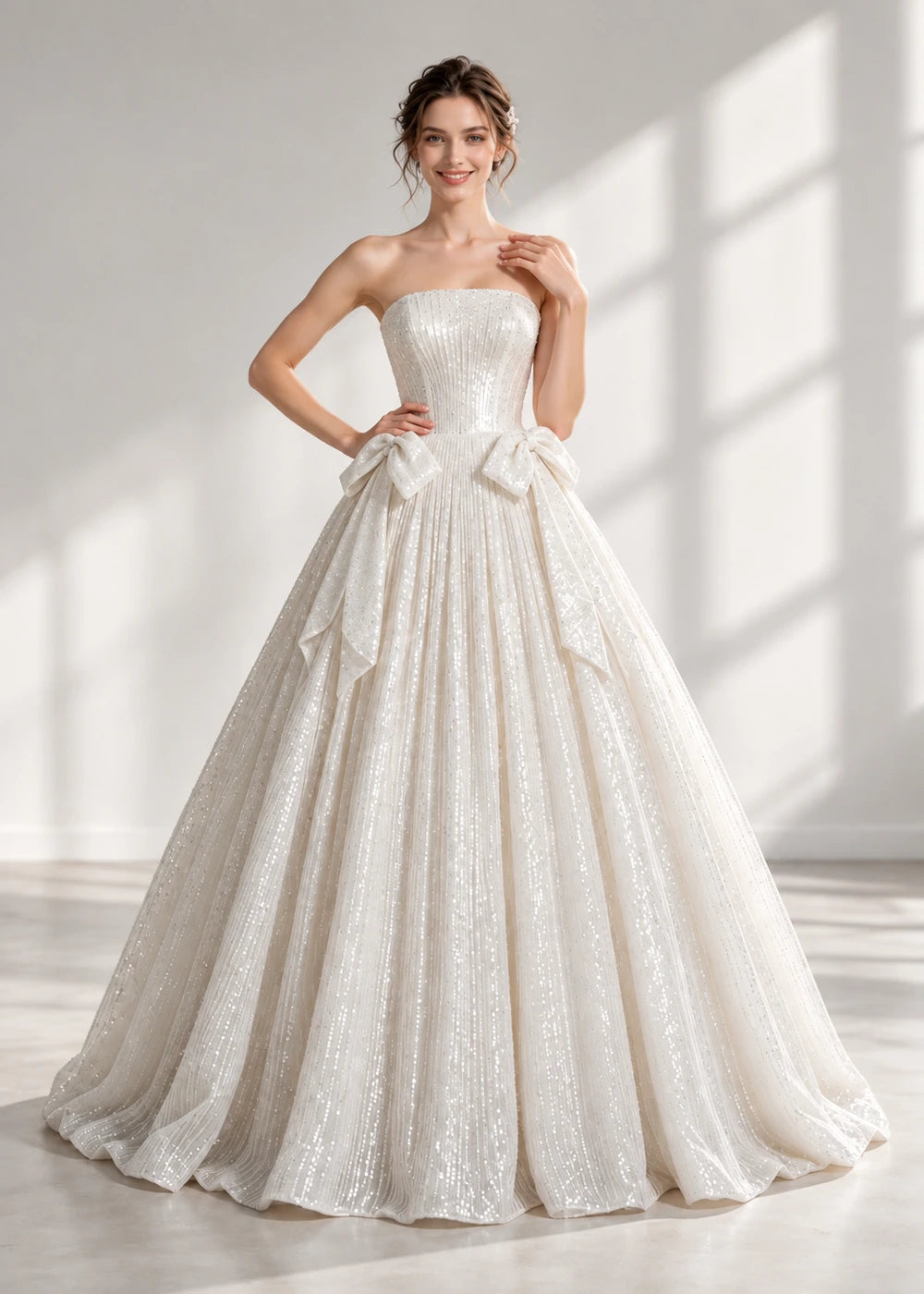 Ivory Strapless Sequin A-Line Gown with Twin Waist Bows