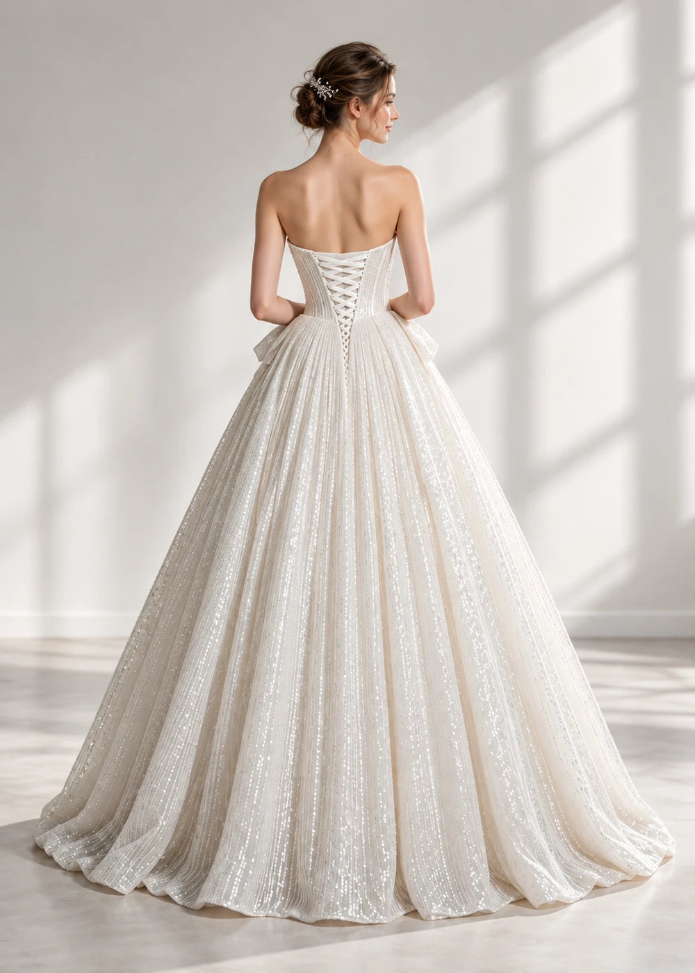 Ivory Strapless Sequin A-Line Gown with Twin Waist Bows