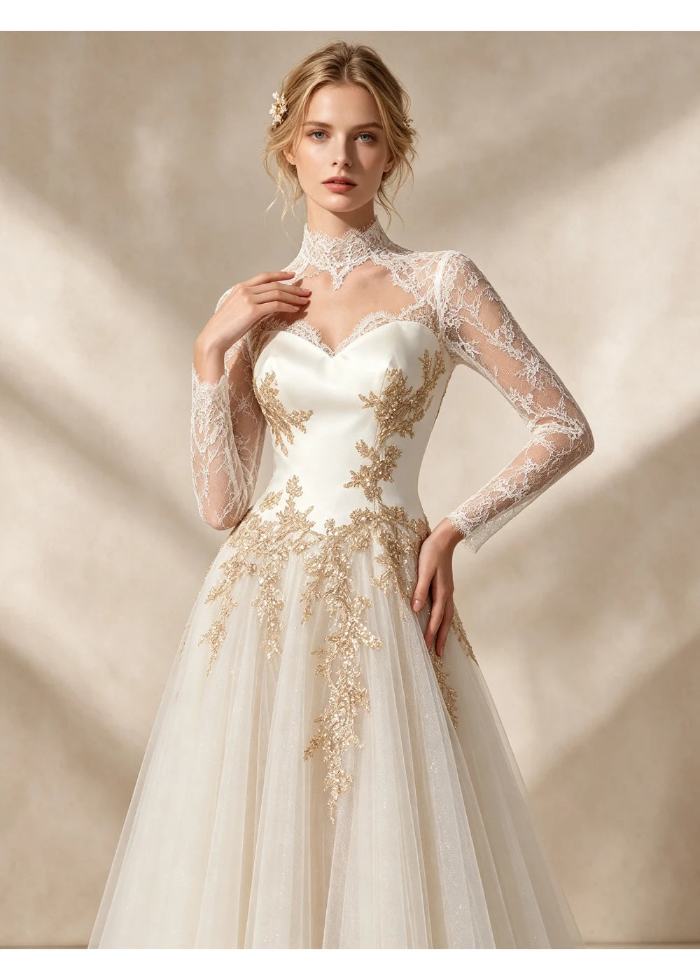Close view of the gold floral appliques and sweetheart-shaped bodice lining beneath the high lace neckline
