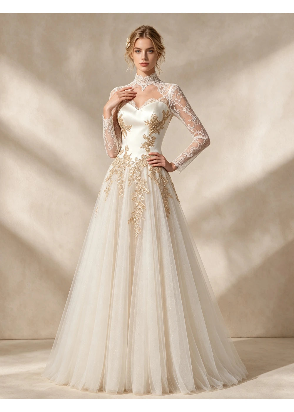 Full-length front view of the ivory gown showing the gold-decorated waist and layered A-line skirt