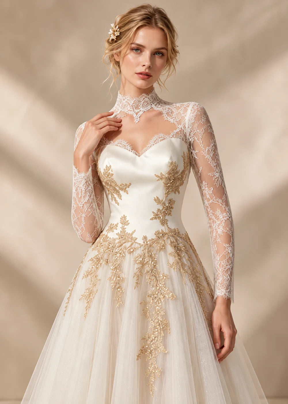 Ivory Gold-Applique Long-Sleeve A-Line Wedding Dress